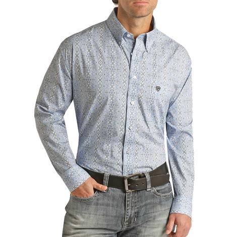 Rock and Roll Cowboy Blue Pattern Long Sleeve Buttondown Men's Shirt