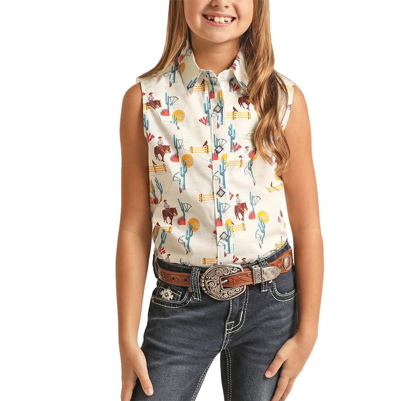  Rock And Roll Cowgirl White Sleeveless Print Girls Snap Shirt