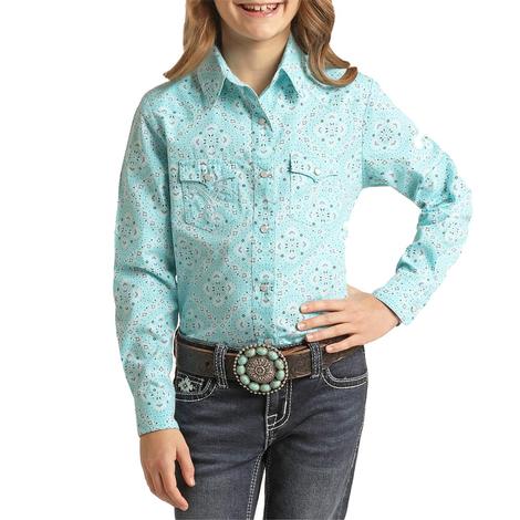 Rock and Roll Cowgirl Turquoise Print Long Sleeve Snap Girl's Shirt