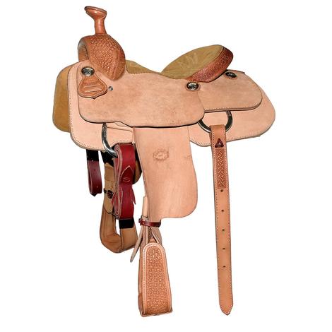 STT Natural Roughout Eighth Windmill Tooled with English Tan Suede Seat Team Roping Saddle