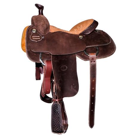 STT Chocolate Roughout Taupe Suede Seat and Windmill Tool Cantle and Stirrups Team Roping Saddle