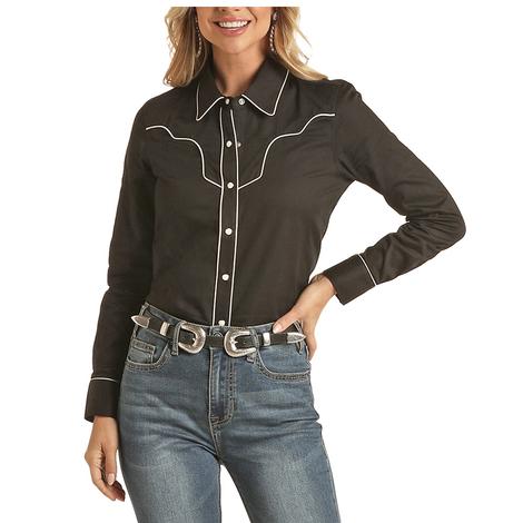 Rock and Roll Cowgirl Black Snap Women's Top