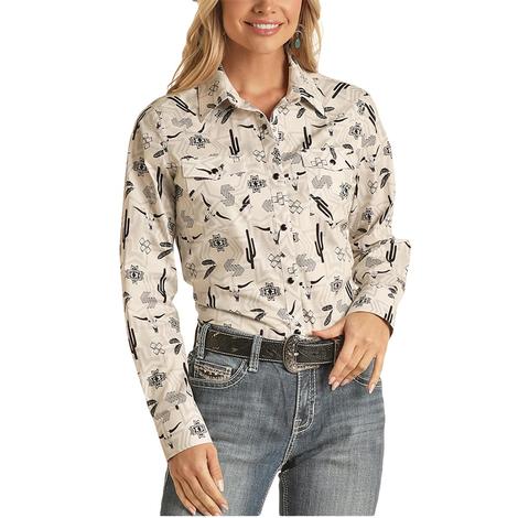 Rock and Roll Cowgirl Conversational Long Sleeve Snap Women's Shirt