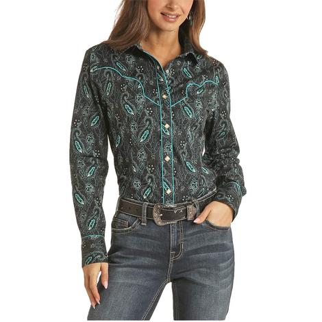 Rock and Roll Cowgirl Turquoise Black Paisley Long Sleeve Snap Women's Shirt