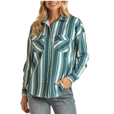 Rock And Roll Turquoise Dale Brisby Stripe Long Sleeve Buttondown Women's Top