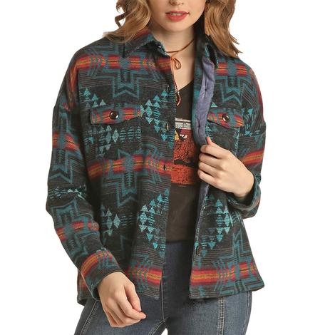 Rock and Roll Cowgirl Black and Turquoise Aztec Print Women's Shirt Jacket