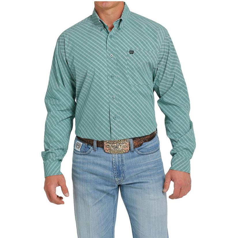  Cinch Green Diagonal Stripe Long Sleeve Buttondown Men's Shirt