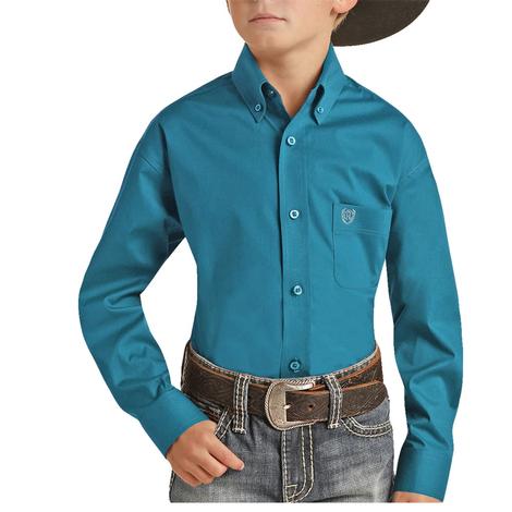Panhandle Solid Teal Stretch Boys Long Sleeve Shirt
