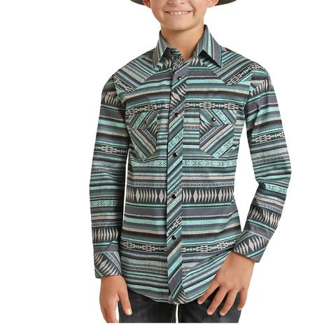 Rock and Roll Turquoise Aztec Stripe Boys Long Sleeve Shirt