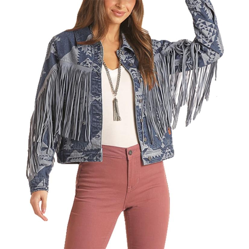  Rock And Roll Cowgirl Blue Aztec Fringed Women's Jacket