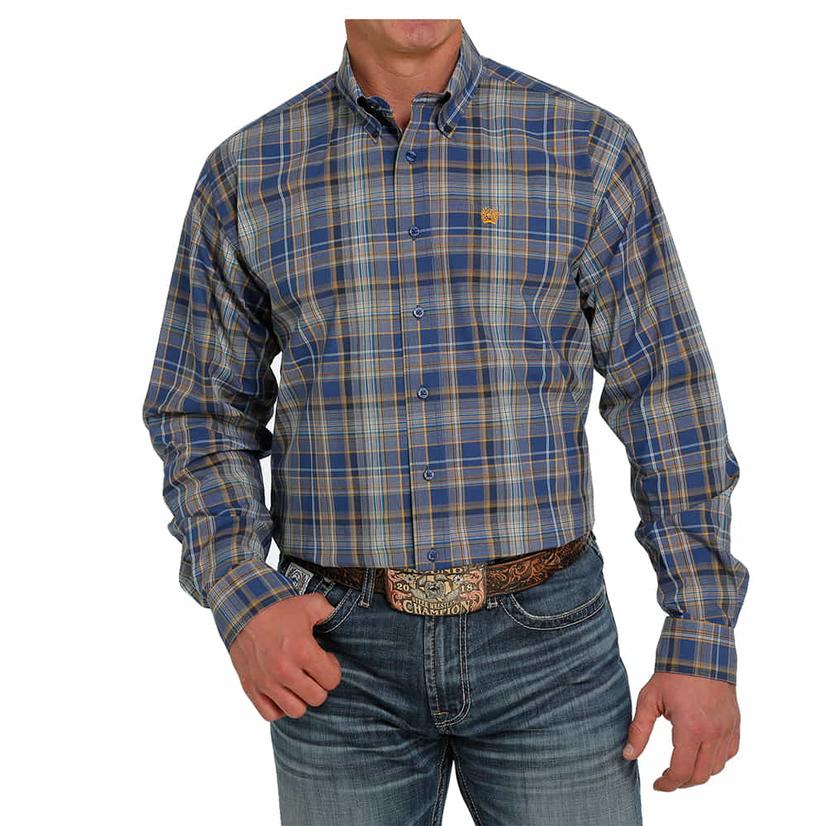  Cinch Blue Plaid Long Sleeve Men's Buttondown Shirt
