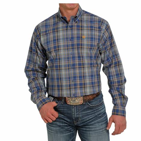 Cinch Blue Plaid Long Sleeve Men's Button-Down Shirt