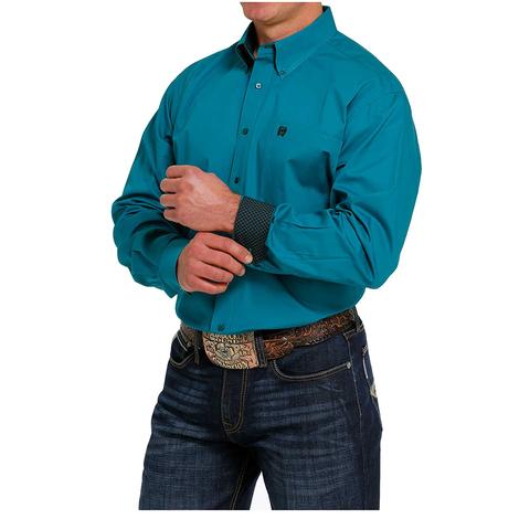 Cinch Teal Solid with Contrast Long Sleeve Buttondown Men's Shirt