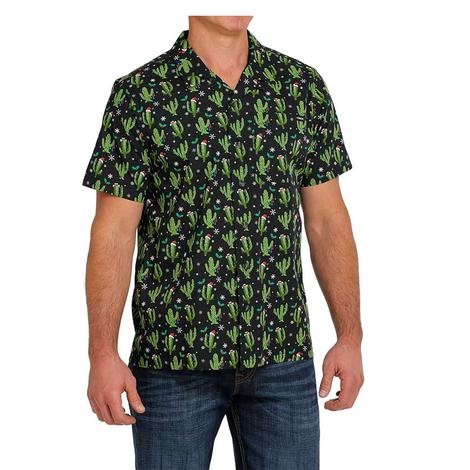 Cinch Cactus with Santa Hat Short Sleeve Button-Down Black Men's Shirt 