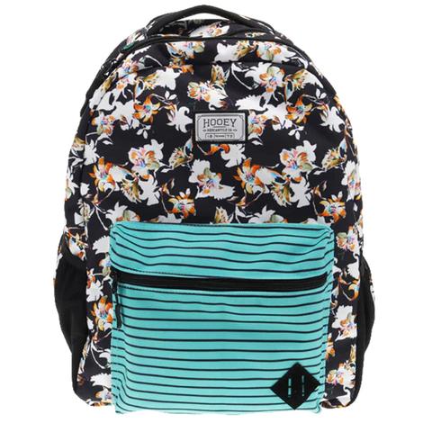 Hooey `Recess` Backpack Black White Floral Pattern Body with Teal Pocket