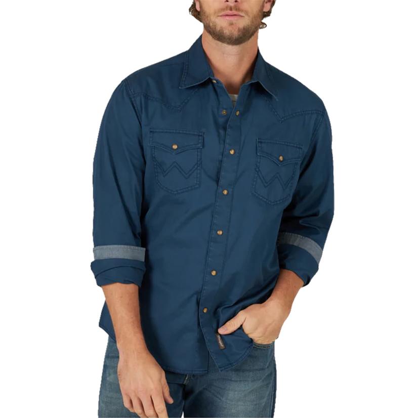  Wrangler Blue Retro Long Sleeve Button- Down Men's Shirt