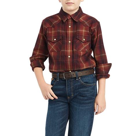 Ariat Red Hiller Retro Flannel Long Sleeve Snap Boy's Shirt 