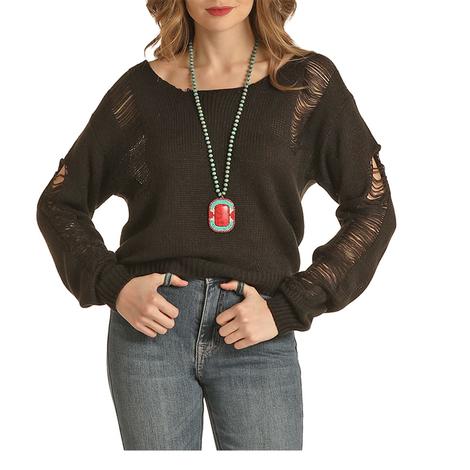 Rock & Roll Cowgirl Black Women's Sweater With Distress Details