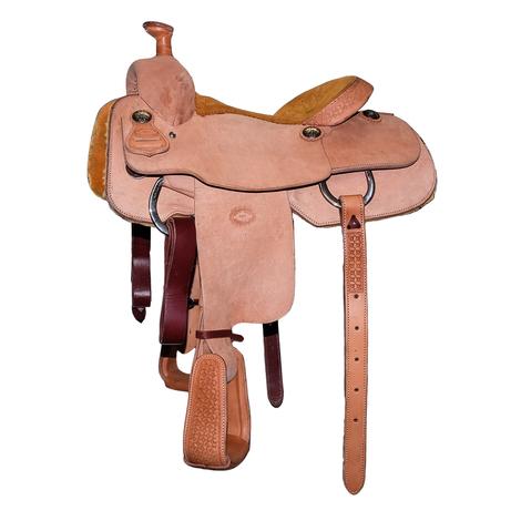 STT Full Natural Roughout with Checkered Square Tool Cantle and Stirrups English Tan Suede Seat Team Roping Saddle