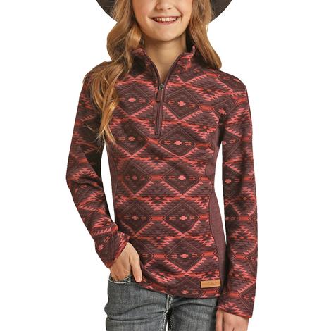 Powder River Burgundy Aztec Girl's Quarter Zip Sweater