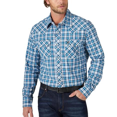 Wrangler Blue Retro Plaid Men's Long Sleeve Shirt