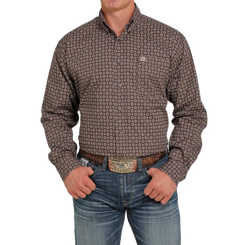  Cinch Brown Printed Long Sleeve Buttondown Men's Shirt