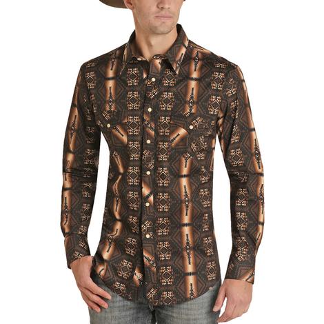 Rock And Roll Brown Aztec Print Long Sleeve Men's Shirt