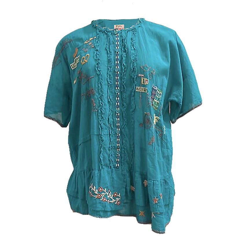  Johnny Was Teal Voyage Short Sleeve Women's Top