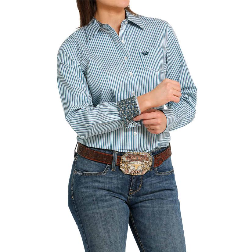  Cinch Dark Blue Stripe Long Sleeve Button- Down Women's Shirt