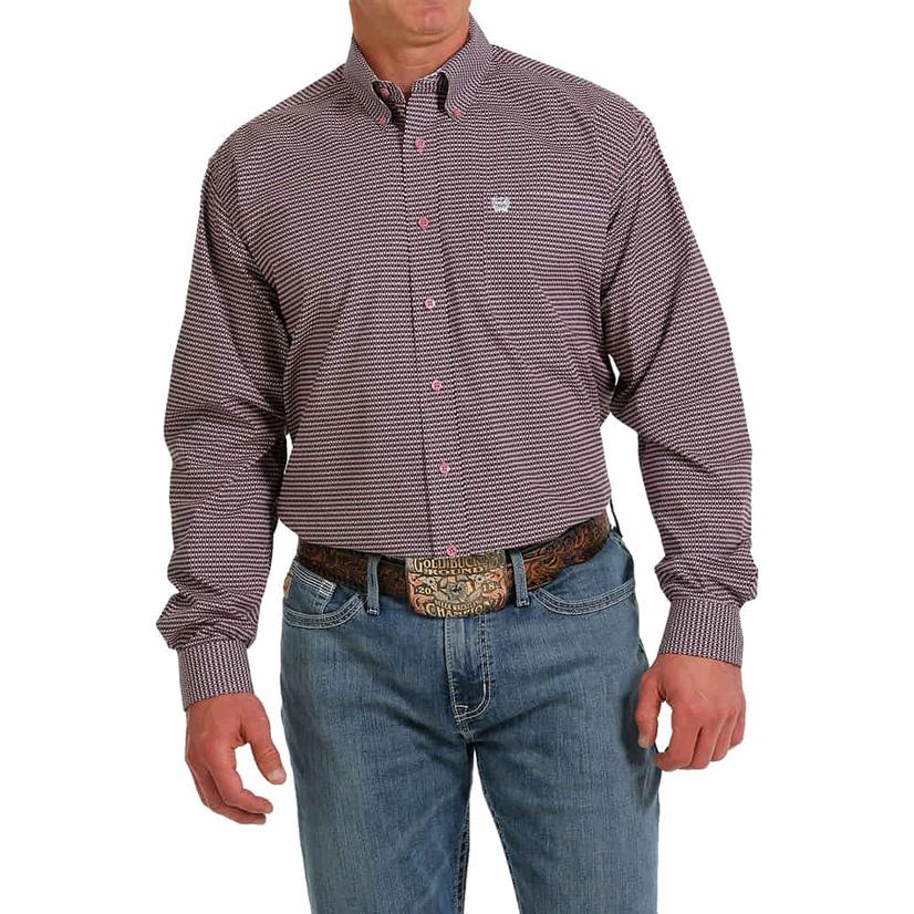  Cinch Men's Pink Printed Contrast Trim Long Sleeve Button- Down Shirt