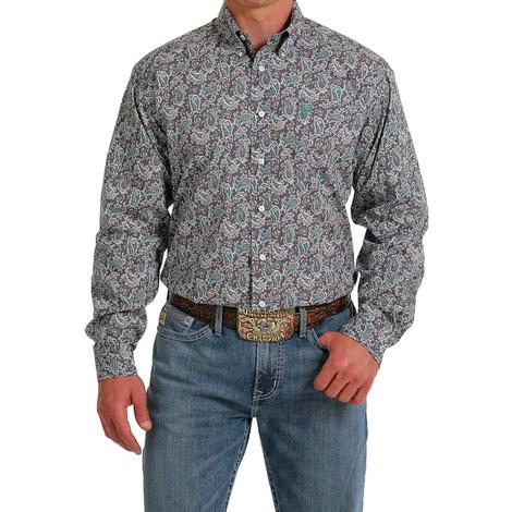 Cinch Grey Print Long Sleeve Button-Down Men's Shirt 