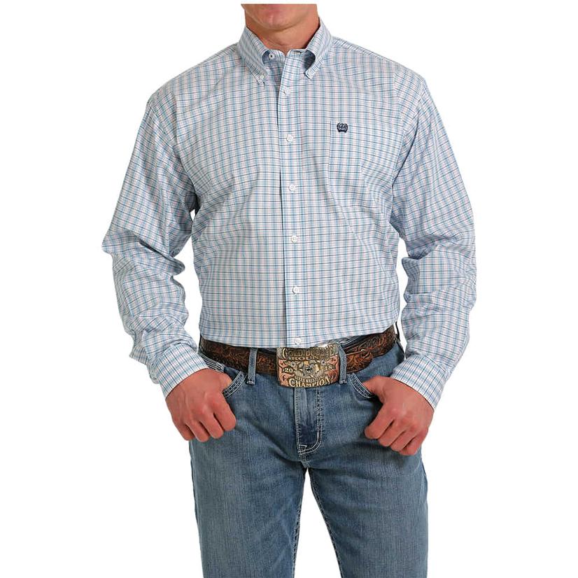  Cinch White And Blue Plaid Long Sleeve Buttondown Men's Shirt
