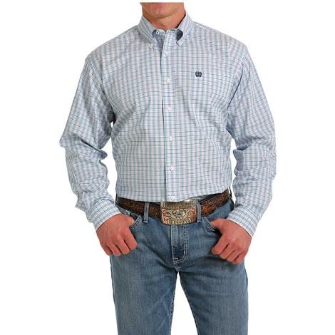 Cinch White And Blue Plaid Long Sleeve Button-Down Men's Shirt 