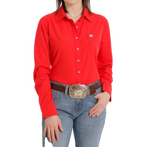 Cinch Red Solid Arena Flex Long Sleeve Button-Down Women's Shirt 