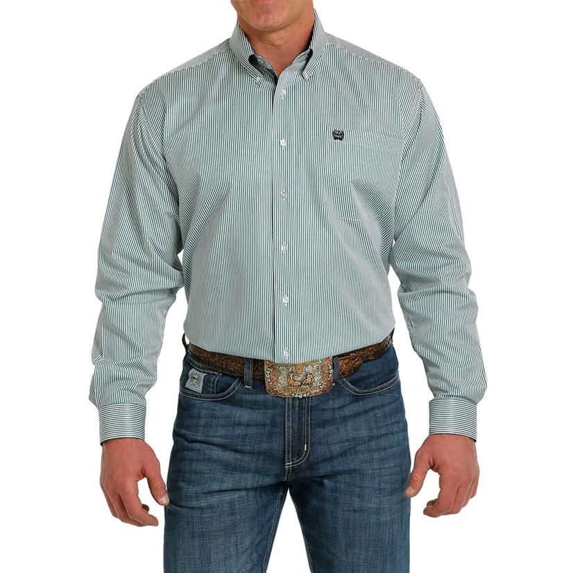  Cinch Striped Green And White Long Sleeve Buttondown Men's Shirt