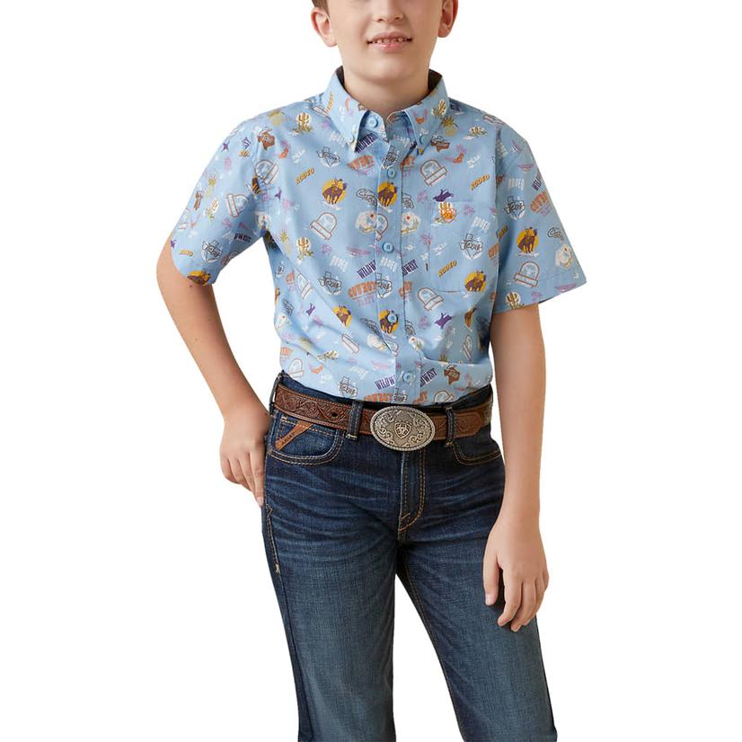  Ariat Blue Floral Print Casual Short Sleeve Button- Down Boy's Shirt