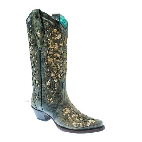 Corral Black Inlay with Stud and Crystal Women's Boots