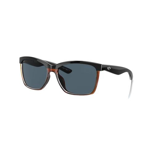 Costa Anaa Shiny Black On Brown Frame Gray Polarized Poly Lens Sunglasses 