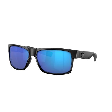 Costa Half Moon Shiny Black Frame Blue Mirror Polarized Glass Lens Sunglasses