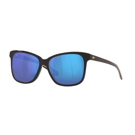 Costa May Shiny Black Frame Blue Mirror Polarized Glass Lens Sunglasses