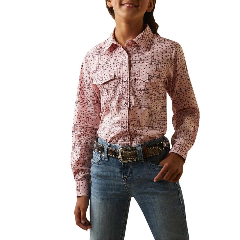  Ariat Coral Blush Paisley Print Long Sleeve Snap Girl's Shirt