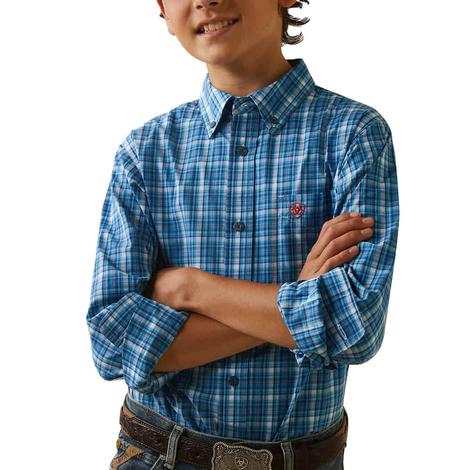 Ariat Pro Series Blue Plaid Long Sleeve Buttondown Boy's Shirt