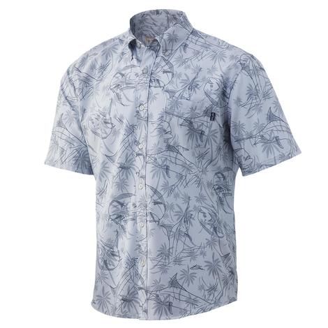 Huk Overcast Grey Kona Palm Slam Men's Shirt  - Xtra-Small