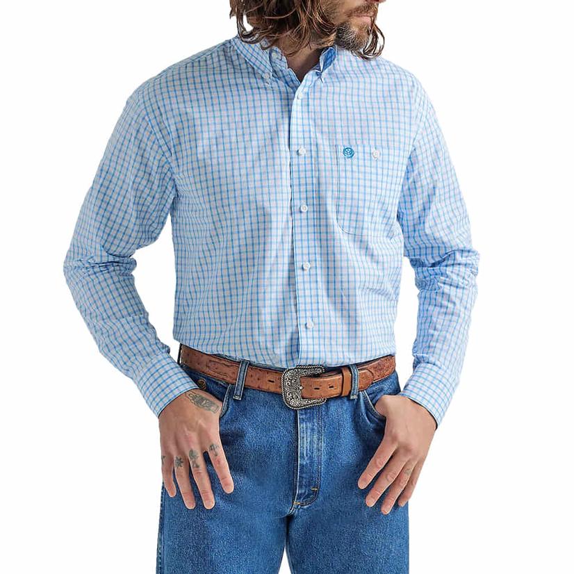  Wrangler George Strait Blue Plaid Long Sleeve Button- Down Men's Shirt
