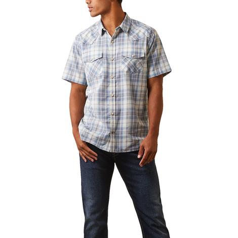 Ariat Blue and White Plaid Short Sleeve Men's Snap Shirt