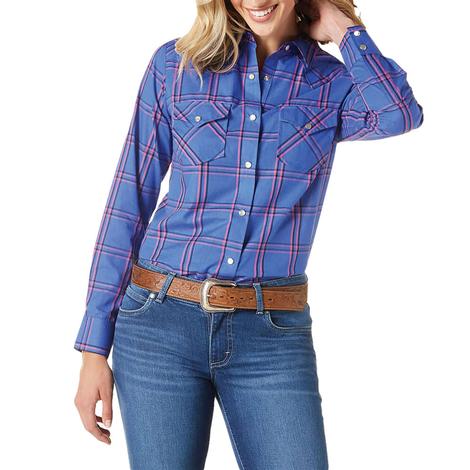Wrangler Blue Plaid Long Sleeve Snap Women's Shirt