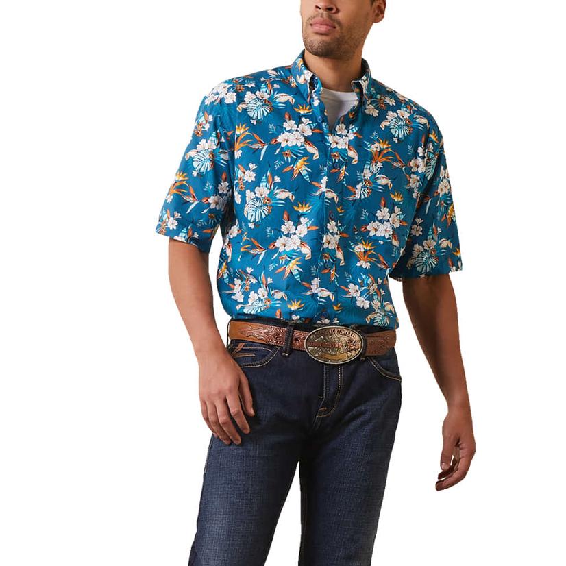  Ariat Casual Series Blue Print Short Sleeve Buttondown Men's Shirt