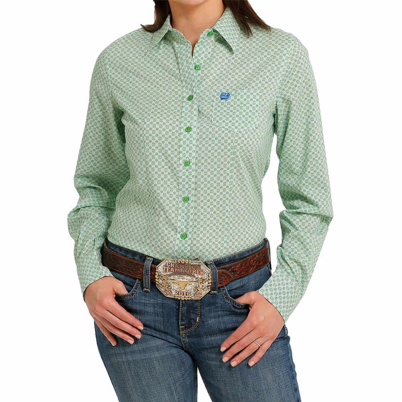  Cinch Green Printed Tencel Long Sleeve Button- Down Women's Shirt