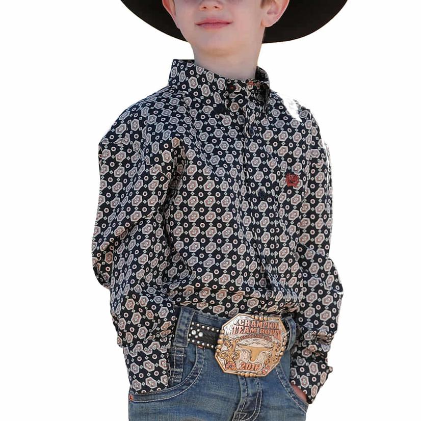  Cinch Black Geo Print Long Sleeve Button- Down Boy's Shirt