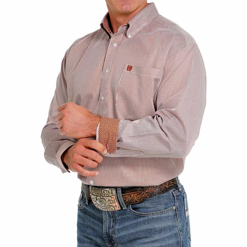  Cinch Brown Stripe Long Sleeve Button- Down Men's Shirt